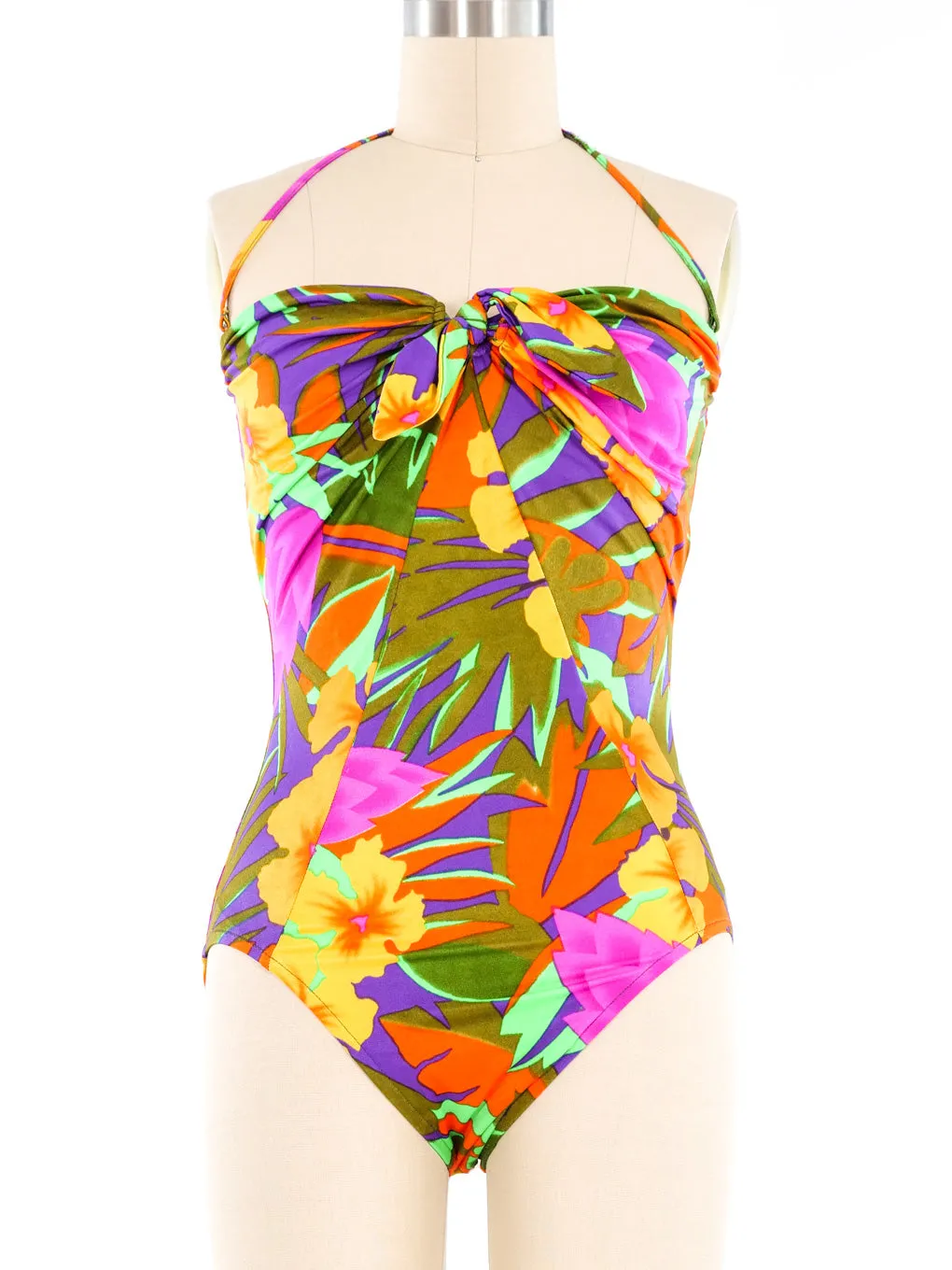 1980s Oscar de la Renta Tropical Print Swimsuit and Sarong Ensemble