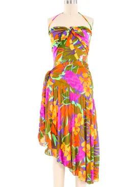 1980s Oscar de la Renta Tropical Print Swimsuit and Sarong Ensemble