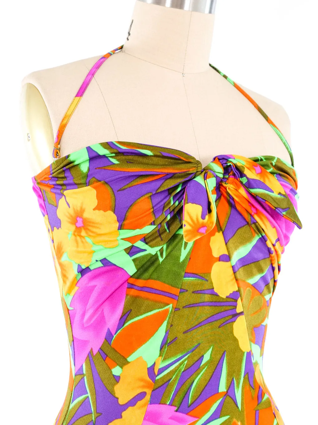 1980s Oscar de la Renta Tropical Print Swimsuit and Sarong Ensemble