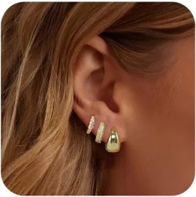 3 Pairs Gold Earrings for Women Dainty Small Gold Earring Set 14K Gold Hoop Earrings Cute Cz Hoop Flat Back Earrings Trendy Earring Gold Jewelry Set Gift