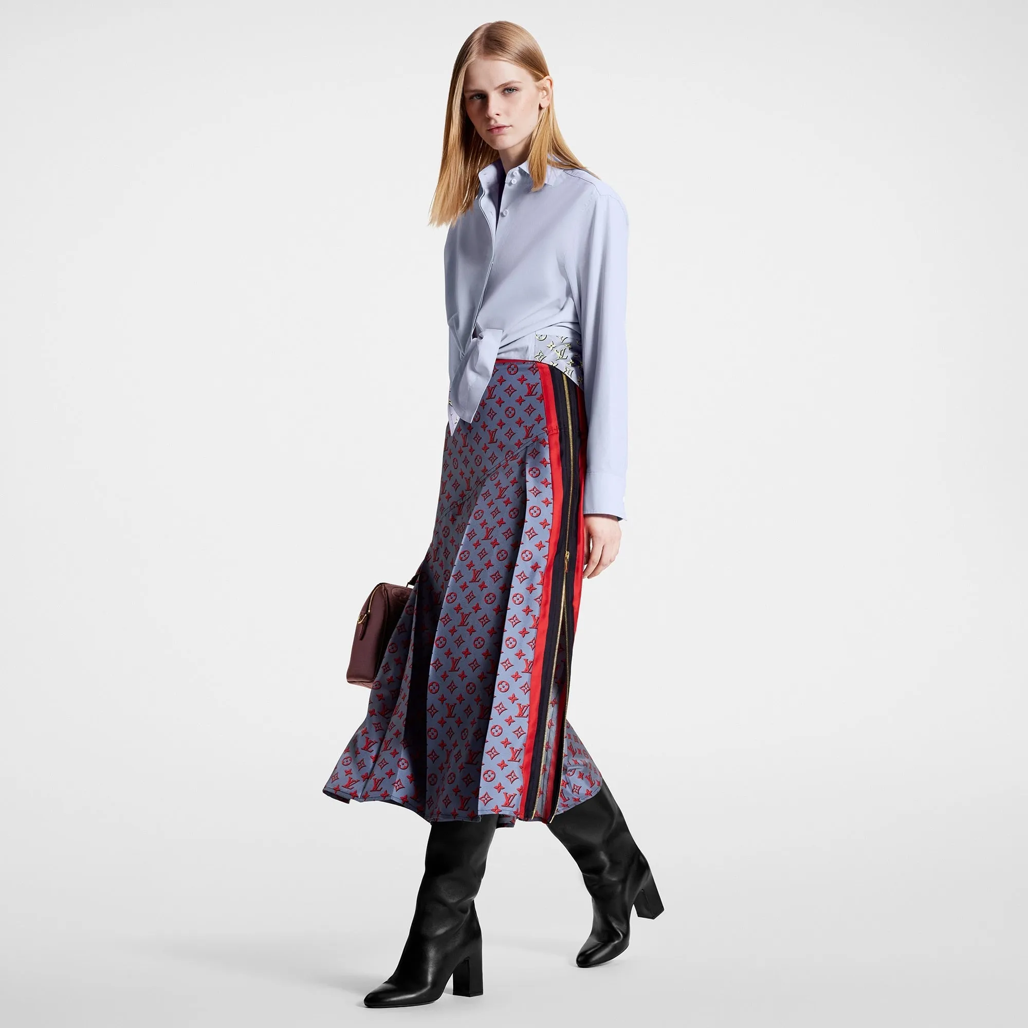 3D Monogram Asymmetrical Pleat Midi Skirt