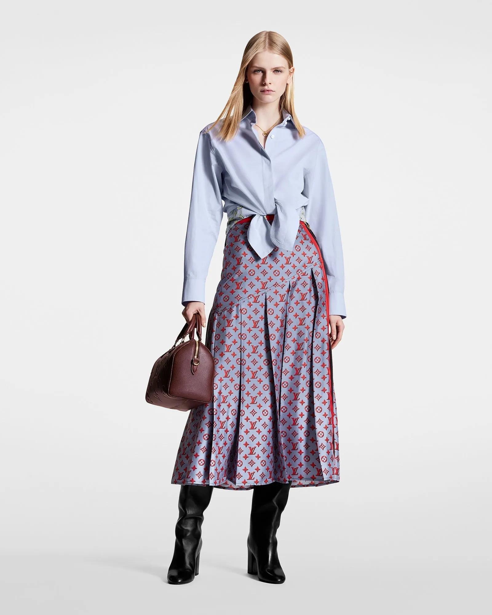 3D Monogram Asymmetrical Pleat Midi Skirt
