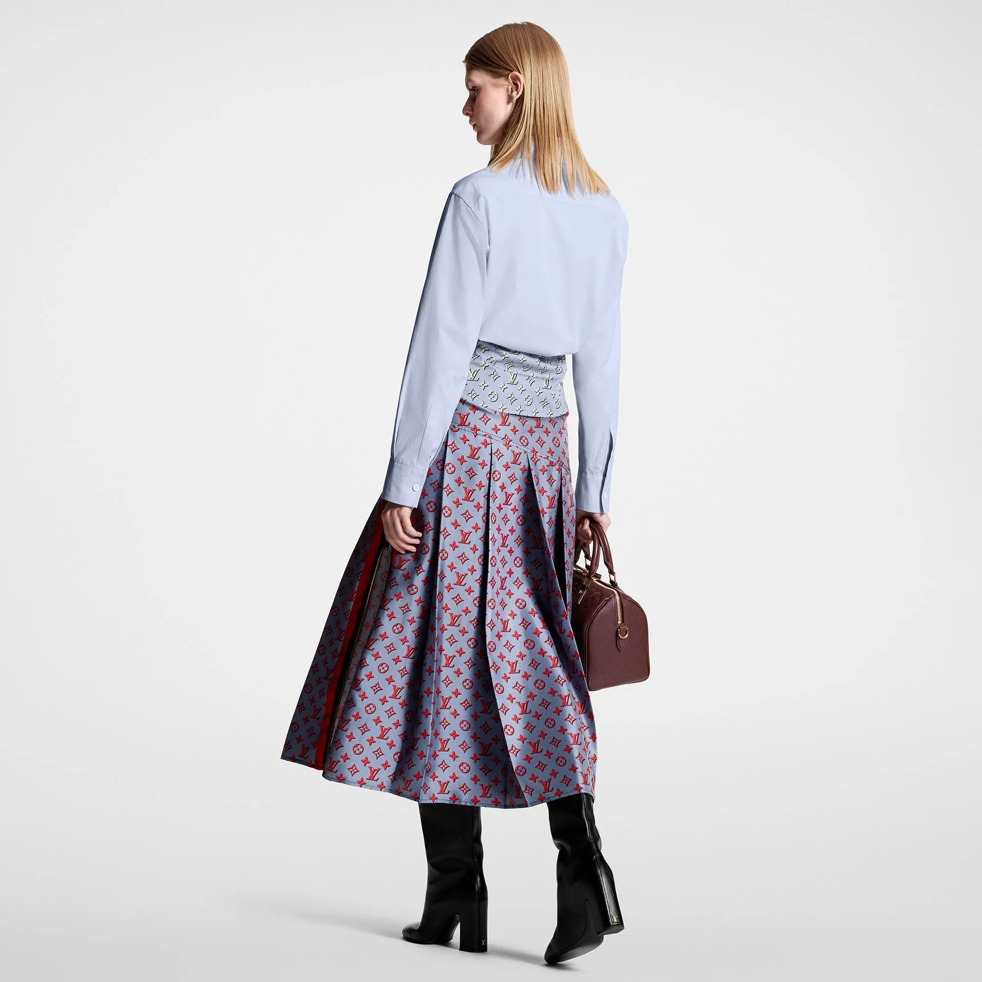 3D Monogram Asymmetrical Pleat Midi Skirt