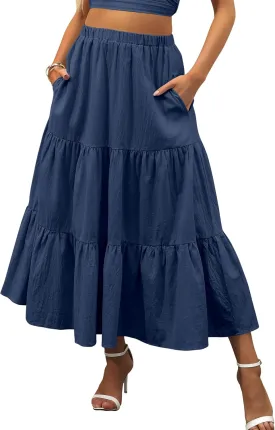 ANRABESS Women’s Summer Boho Flowy Swing Tiered A-Line Maxi Skirt 2025 Fashion Trendy Elastic Waist Pleated Long Beach Dress