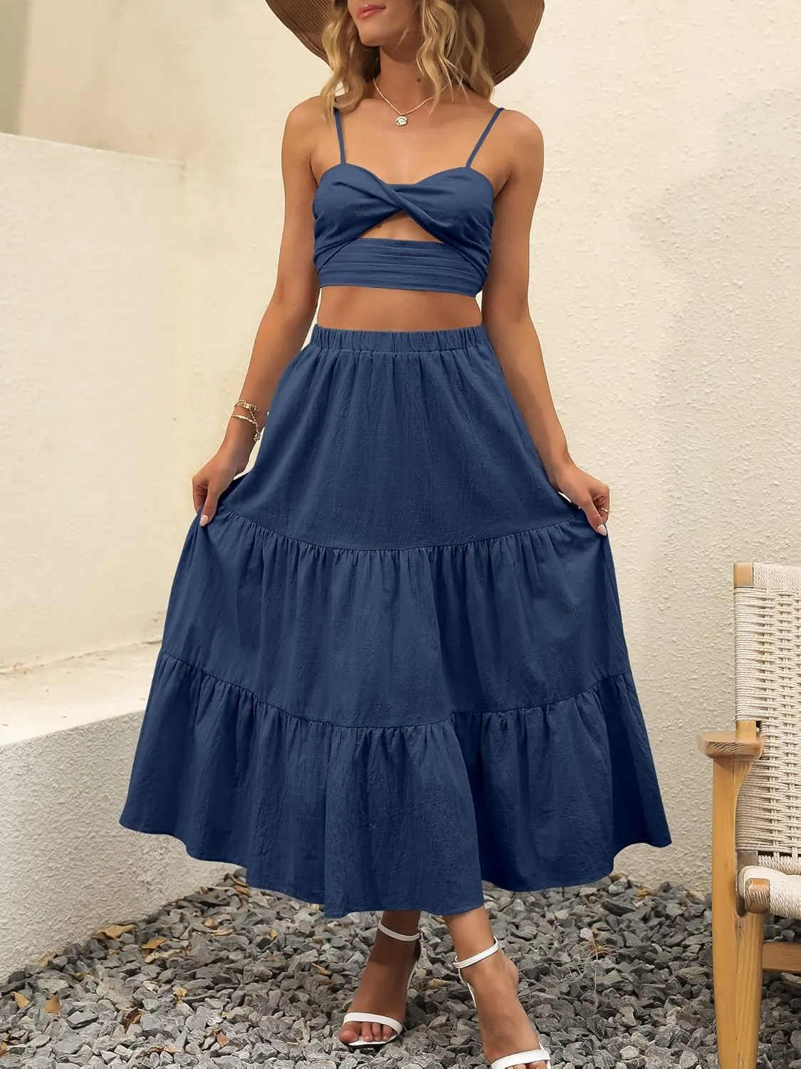 ANRABESS Women’s Summer Boho Flowy Swing Tiered A-Line Maxi Skirt 2025 Fashion Trendy Elastic Waist Pleated Long Beach Dress