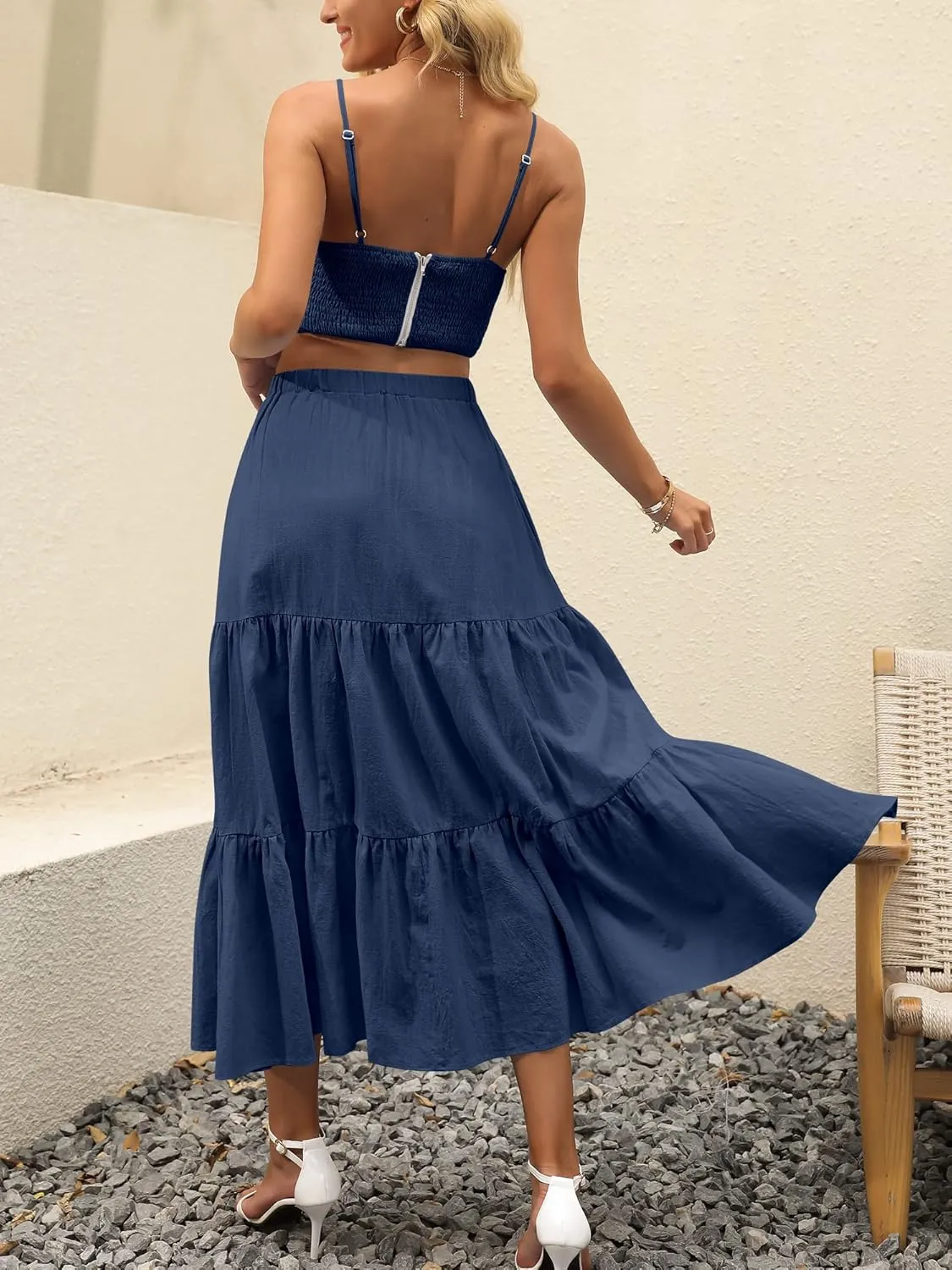 ANRABESS Women’s Summer Boho Flowy Swing Tiered A-Line Maxi Skirt 2025 Fashion Trendy Elastic Waist Pleated Long Beach Dress