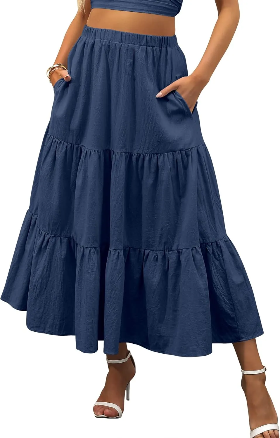 ANRABESS Women’s Summer Boho Flowy Swing Tiered A-Line Maxi Skirt 2025 Fashion Trendy Elastic Waist Pleated Long Beach Dress