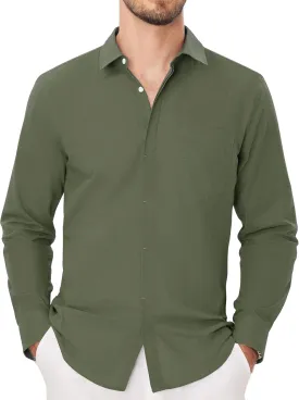 Button Down Linen Shirts for Men Casual Long Sleeve Shirts Cotton Linen Shirt with Pockets Speard Collar