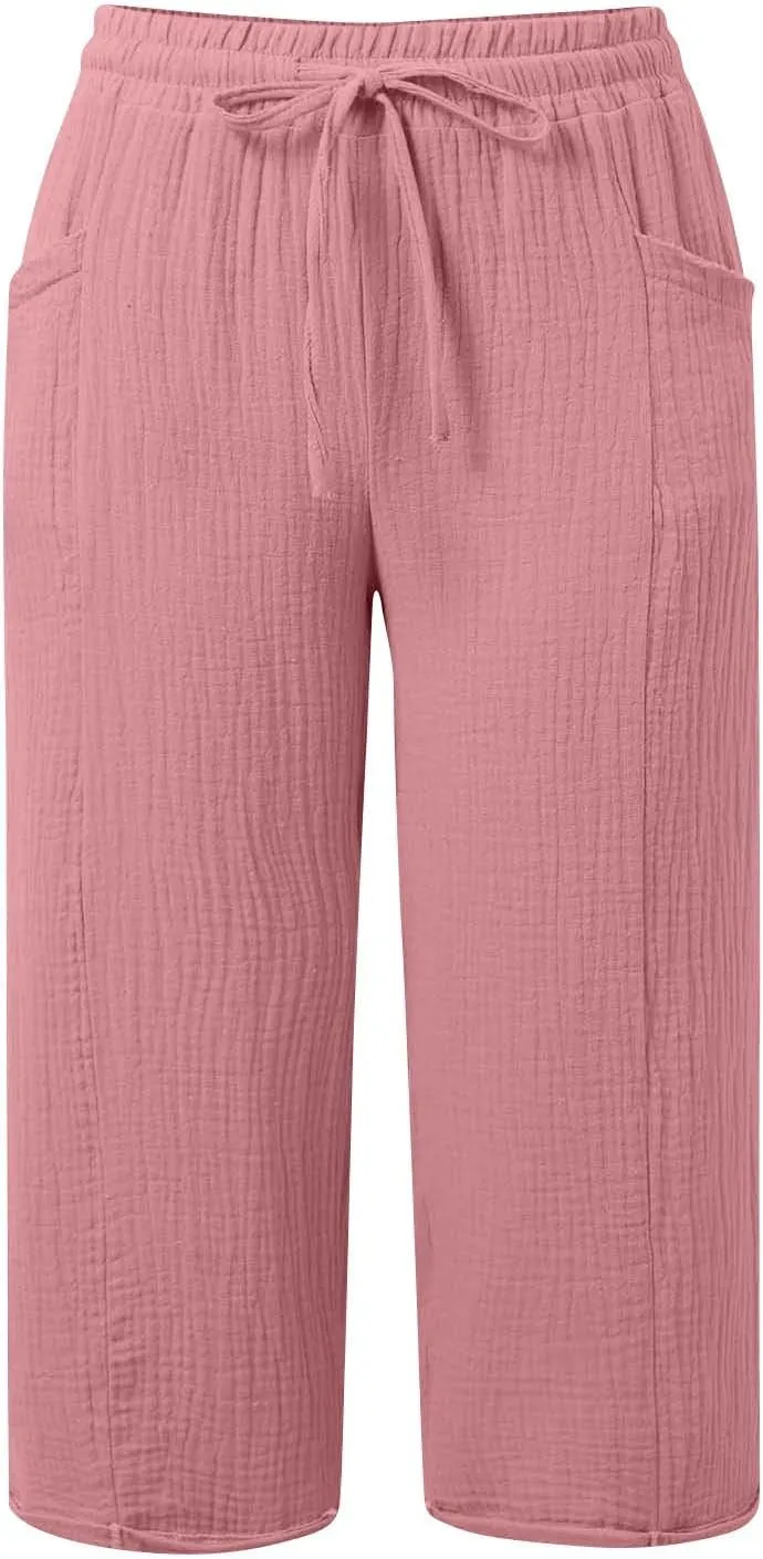 Capri Pants for Women Casual Summer 2025 Drawstring Capris Pants Pockets Beach Straight Wide Leg Cropped Trousers