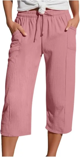 Capri Pants for Women Casual Summer 2025 Drawstring Capris Pants Pockets Beach Straight Wide Leg Cropped Trousers
