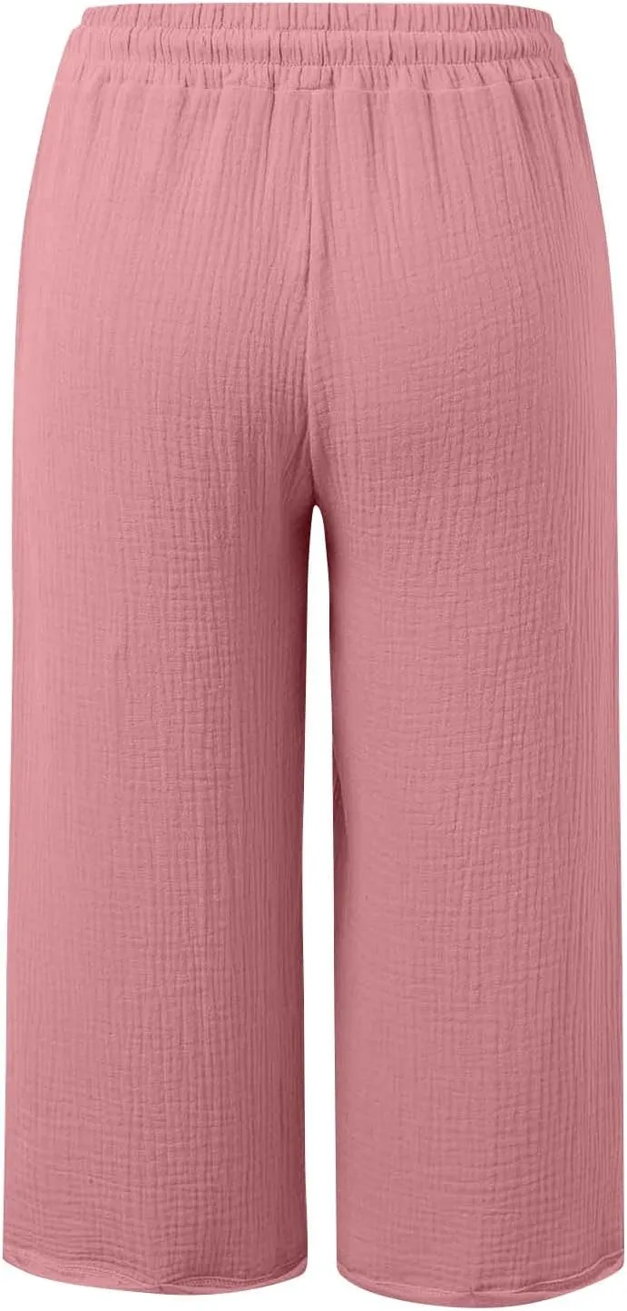 Capri Pants for Women Casual Summer 2025 Drawstring Capris Pants Pockets Beach Straight Wide Leg Cropped Trousers