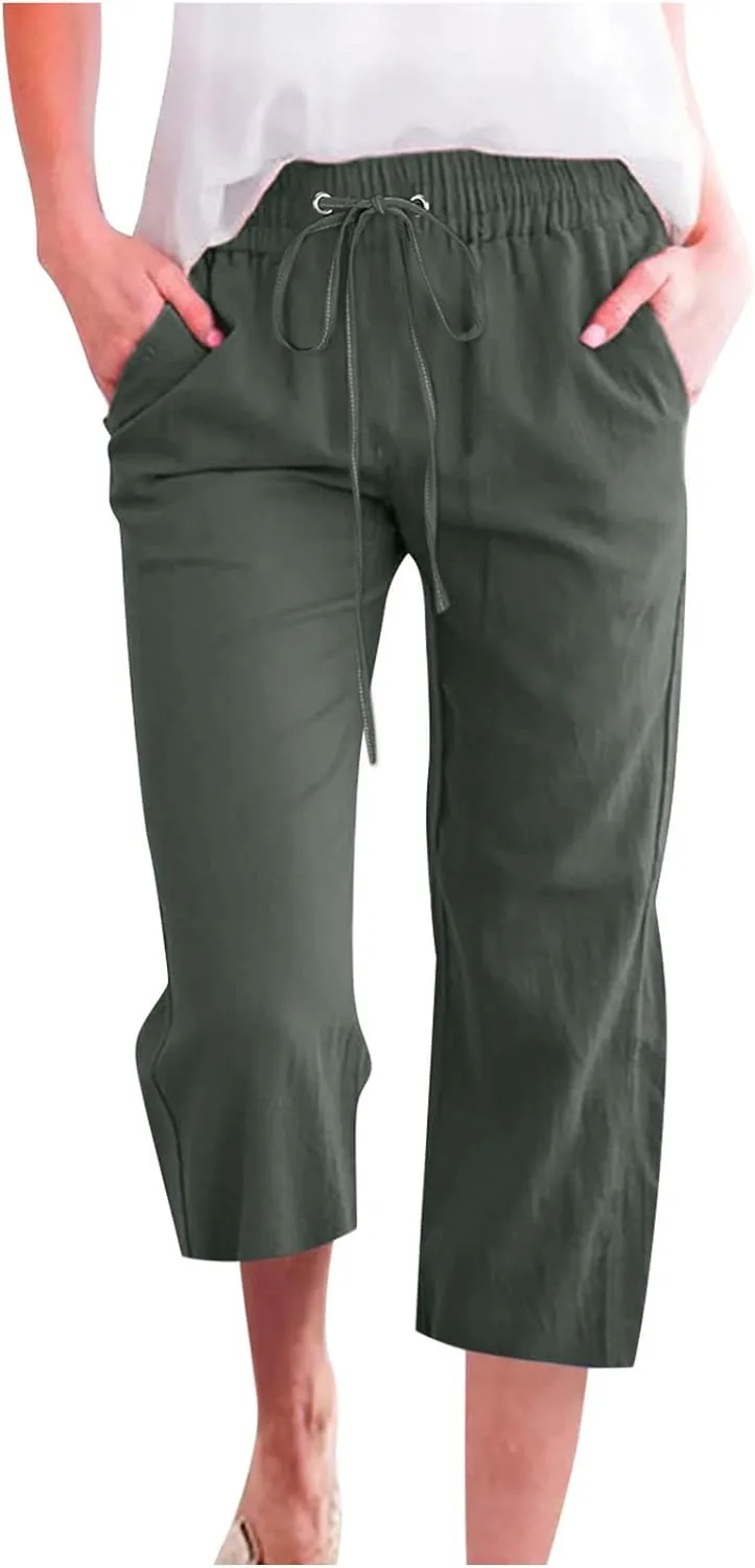 Capri Pants for Women Plus Size, Petite Linen Pants Wide Leg Summer Cotton Linen Capris Drawstring Cropped Trouser