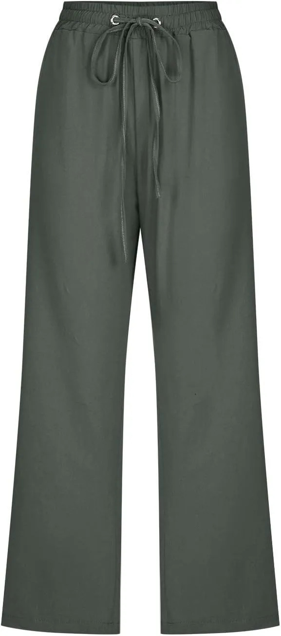 Capri Pants for Women Plus Size, Petite Linen Pants Wide Leg Summer Cotton Linen Capris Drawstring Cropped Trouser