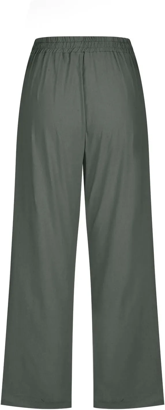 Capri Pants for Women Plus Size, Petite Linen Pants Wide Leg Summer Cotton Linen Capris Drawstring Cropped Trouser