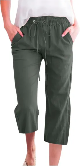 Capri Pants for Women Plus Size, Petite Linen Pants Wide Leg Summer Cotton Linen Capris Drawstring Cropped Trouser