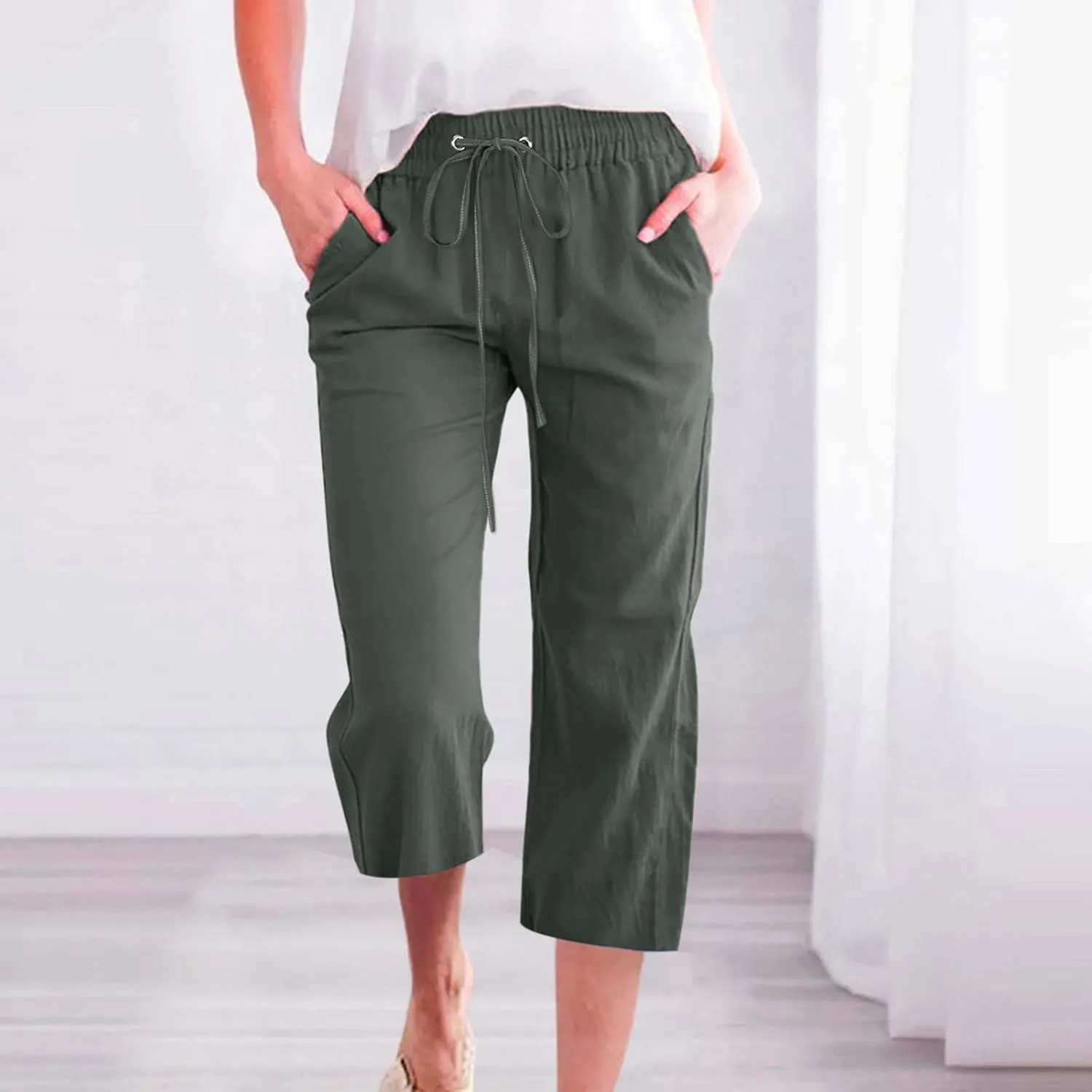 Capri Pants for Women Plus Size, Petite Linen Pants Wide Leg Summer Cotton Linen Capris Drawstring Cropped Trouser