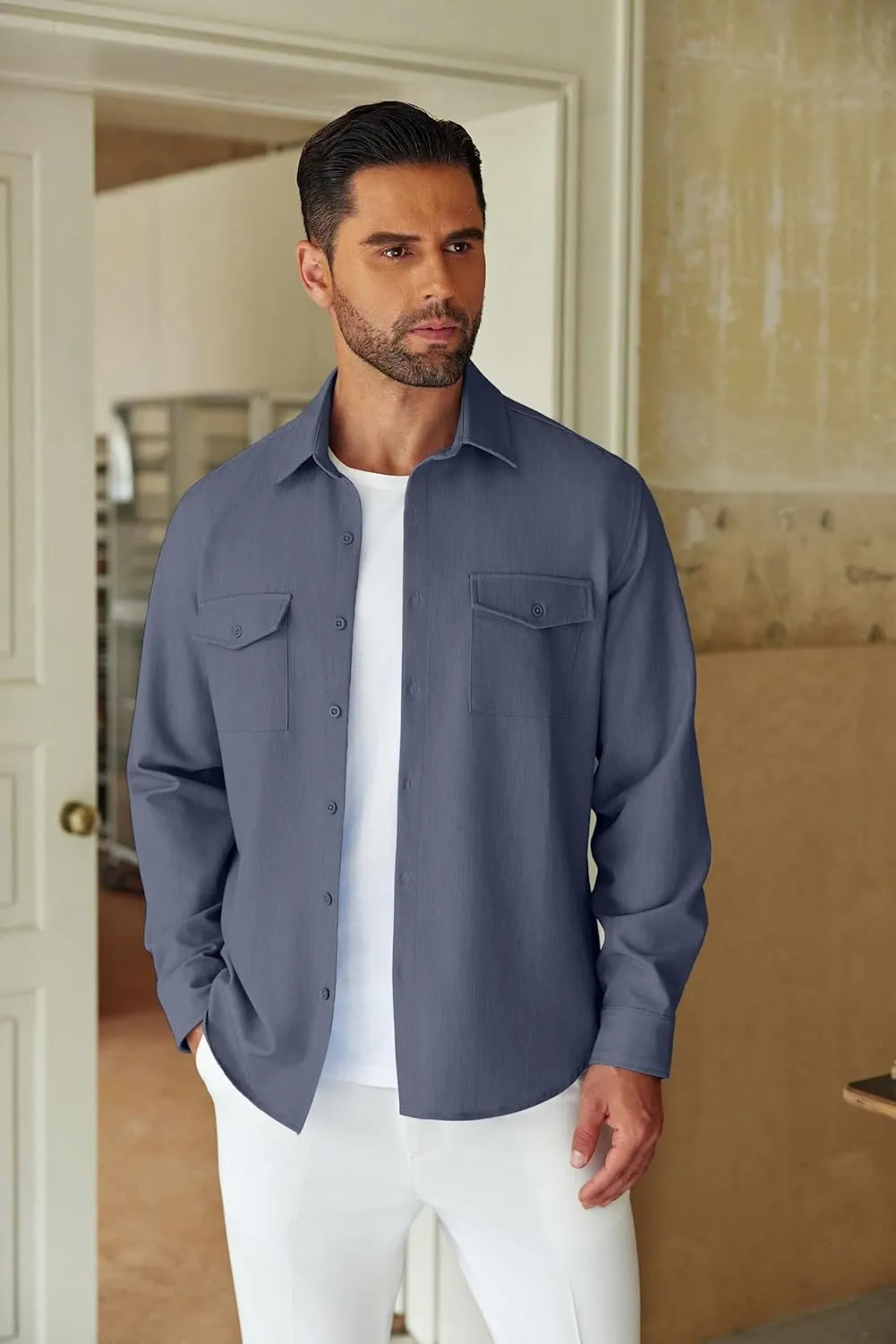 COOFANDY Men's Casual Button Down Shirt Long Sleeve Untucked Shirt Stretch Denim Dress Shirt with Pockets