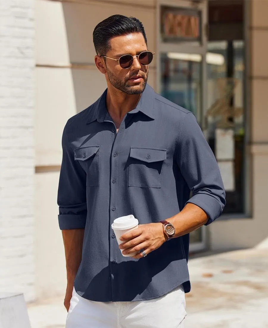 COOFANDY Men's Casual Button Down Shirt Long Sleeve Untucked Shirt Stretch Denim Dress Shirt with Pockets