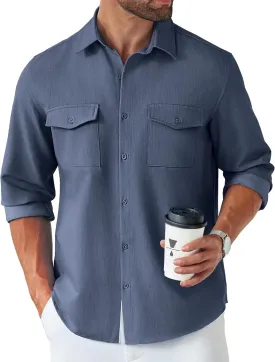 COOFANDY Men's Casual Button Down Shirt Long Sleeve Untucked Shirt Stretch Denim Dress Shirt with Pockets