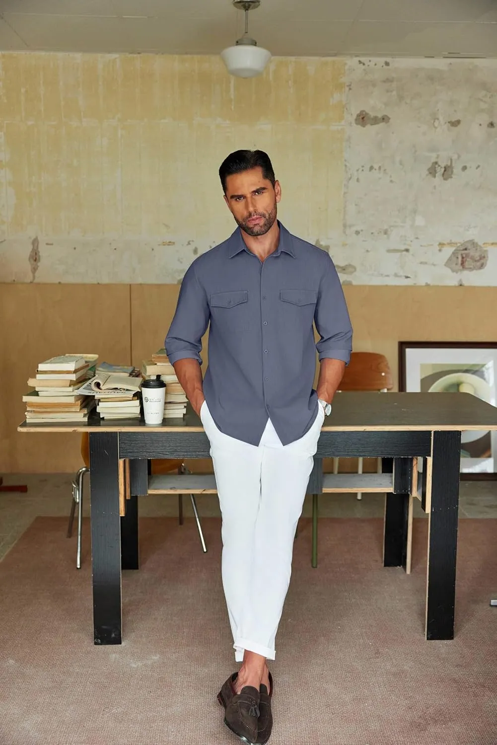 COOFANDY Men's Casual Button Down Shirt Long Sleeve Untucked Shirt Stretch Denim Dress Shirt with Pockets