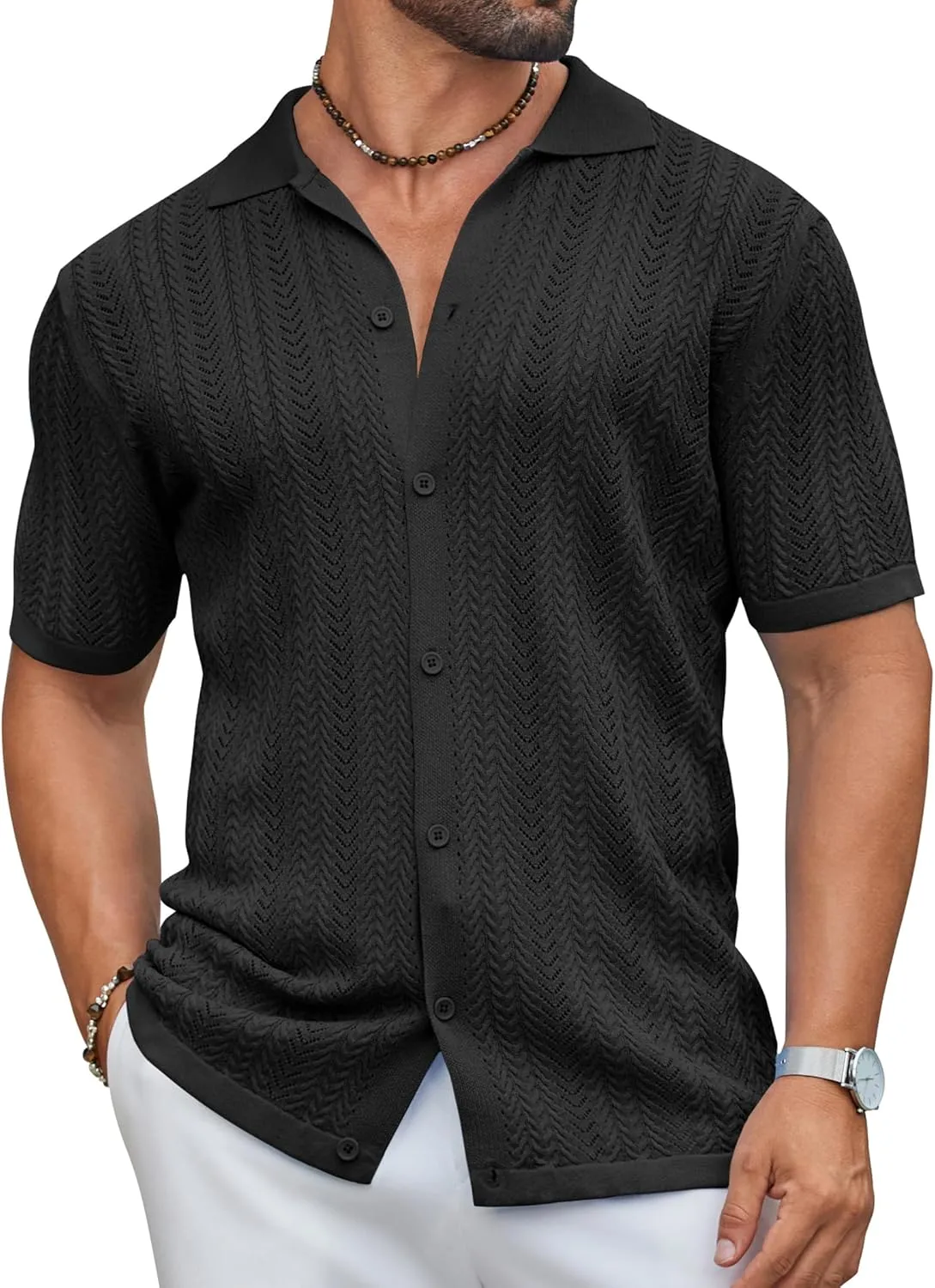 COOFANDY Mens Knit Shirt 2025 Short Sleeve Casual Button Down Shirt Summer Beach Vacation Shirts