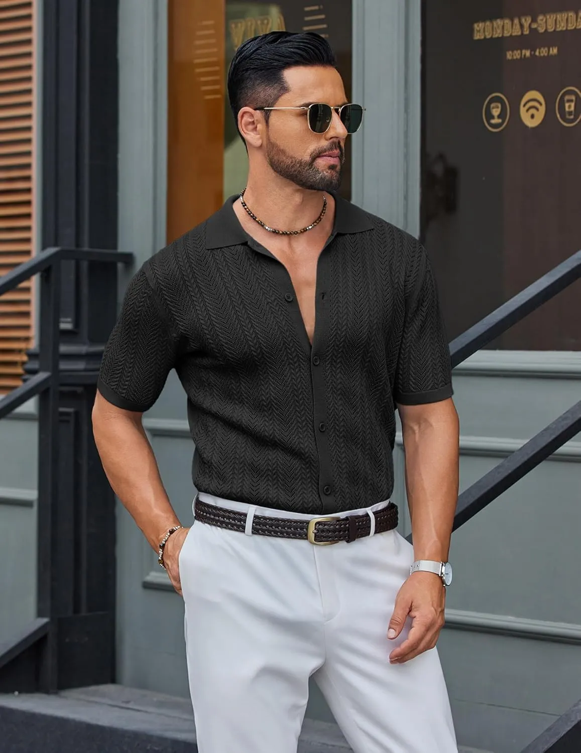COOFANDY Mens Knit Shirt 2025 Short Sleeve Casual Button Down Shirt Summer Beach Vacation Shirts