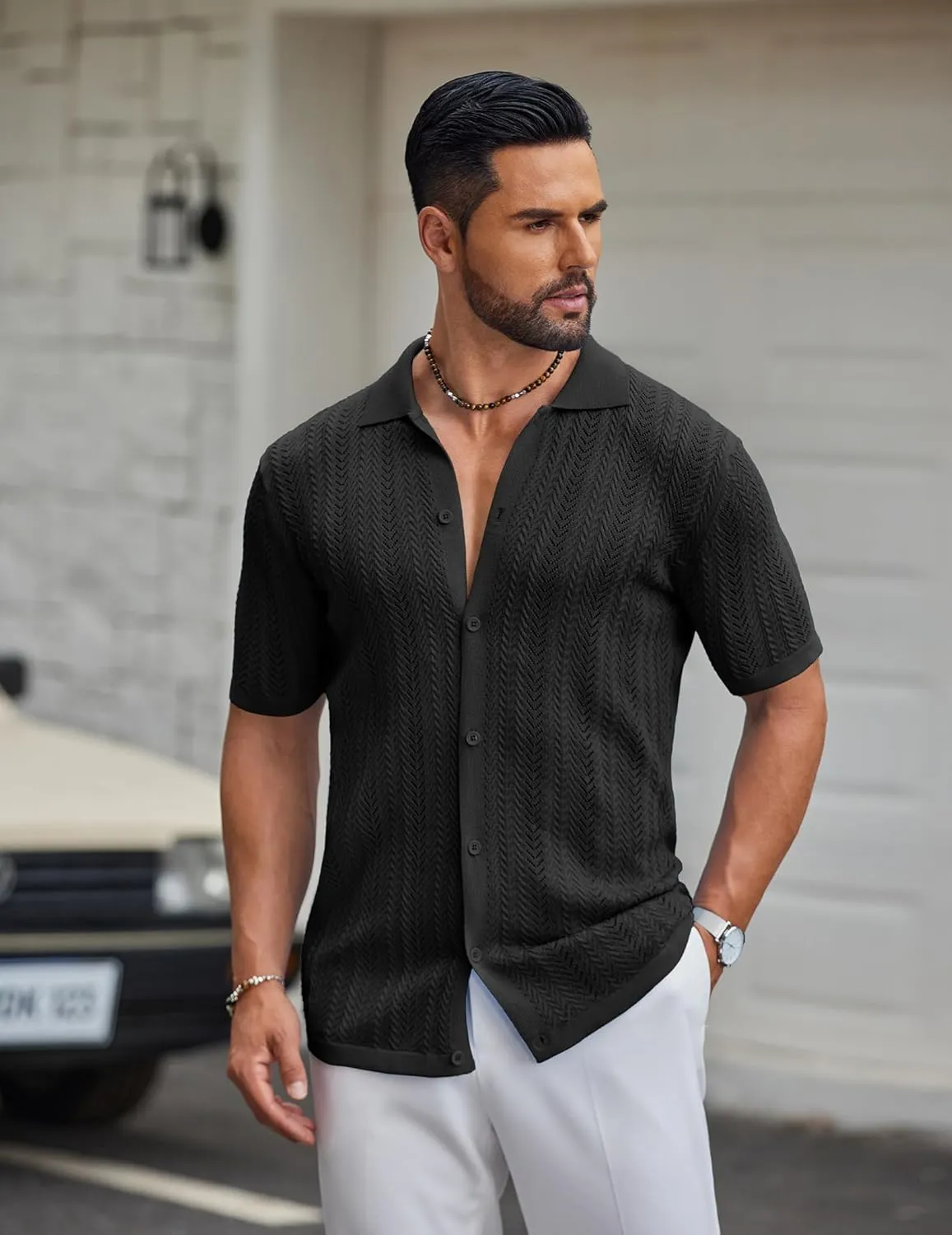 COOFANDY Mens Knit Shirt 2025 Short Sleeve Casual Button Down Shirt Summer Beach Vacation Shirts