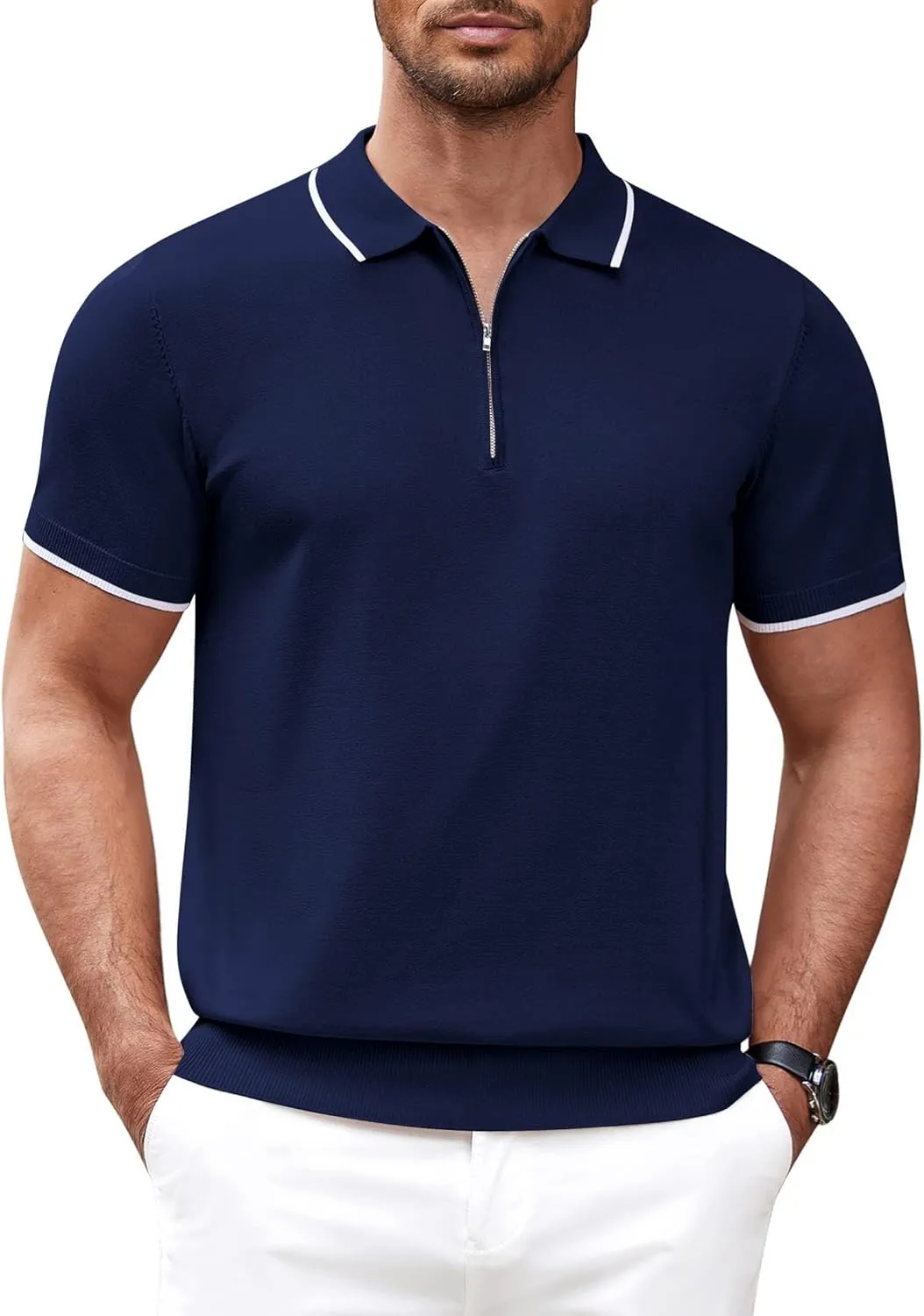 COOFANDY Men's Zipper Polo Shirt Casual Knit Short Sleeve Polo T Shirt Classic Fit Shirts