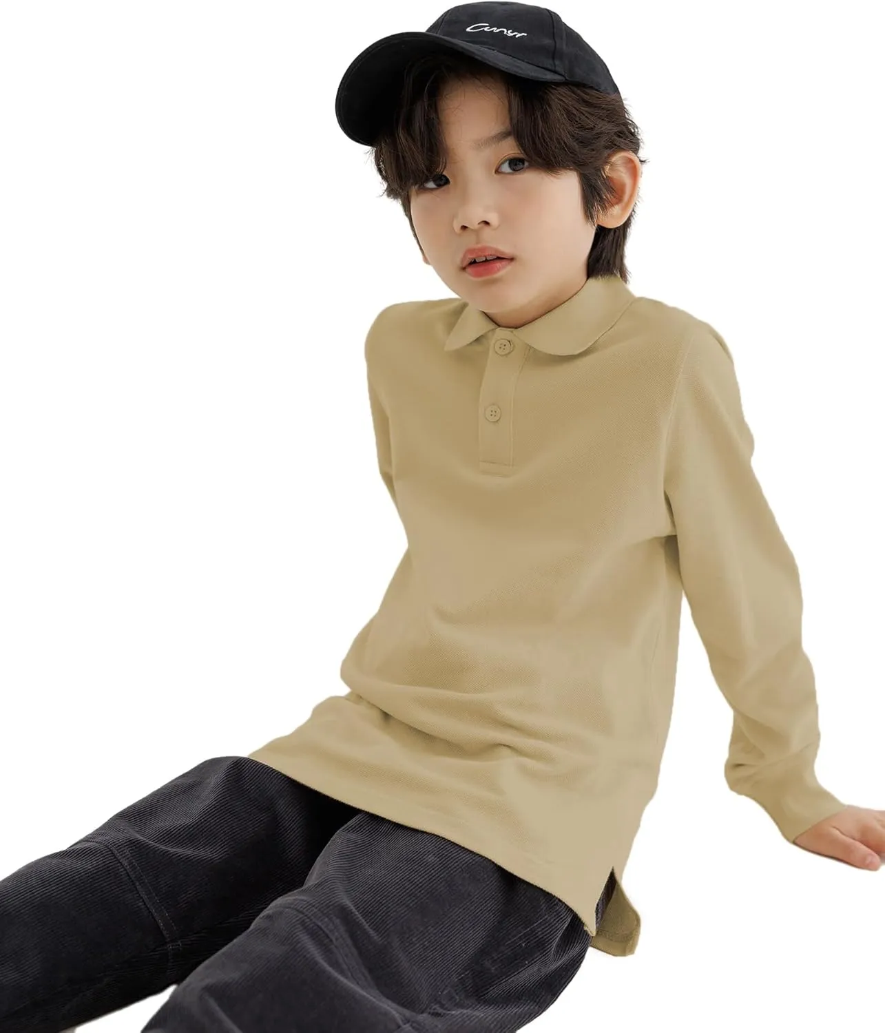 CUNYI Boys Polo Shirt Long Sleeve Cotton School Uniform Shirt Pique Tee Kids Golf Tops