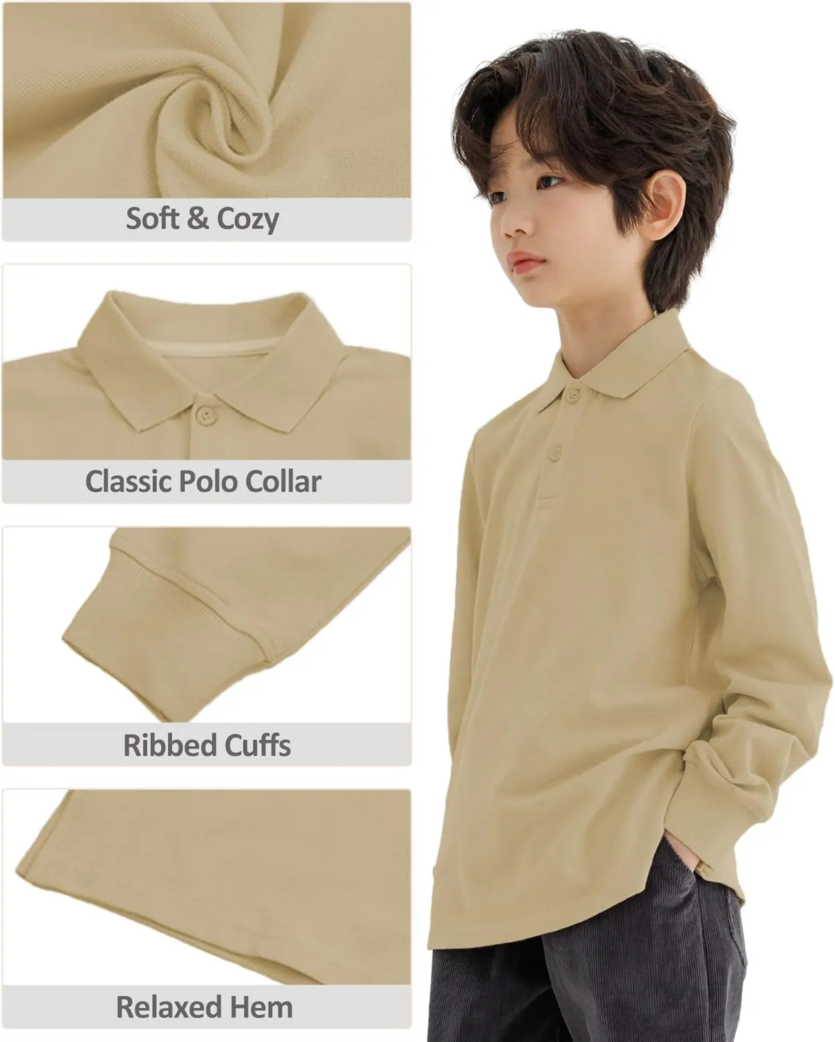 CUNYI Boys Polo Shirt Long Sleeve Cotton School Uniform Shirt Pique Tee Kids Golf Tops