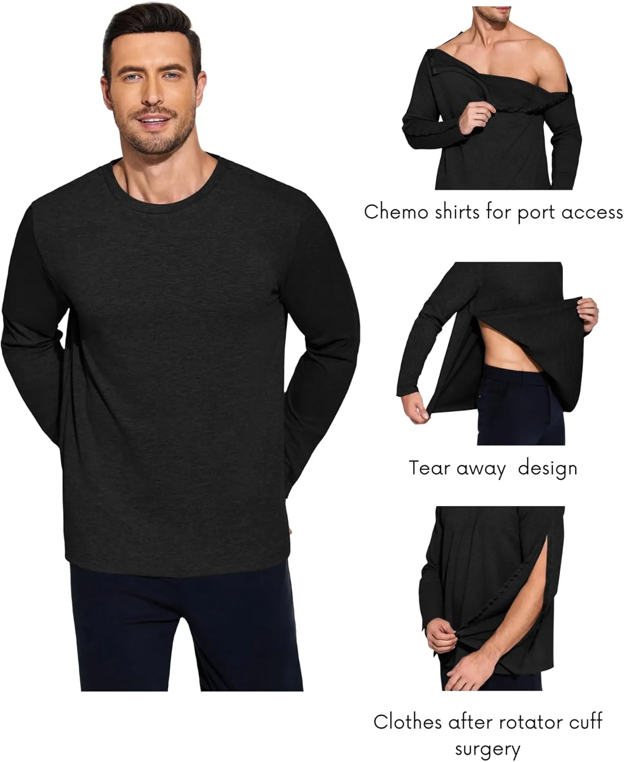 Deyeek Post Shoulder Surgery Recovery Shirts For Men Chemo Port Access Top Snap Full Tear Away Long Sleeve
