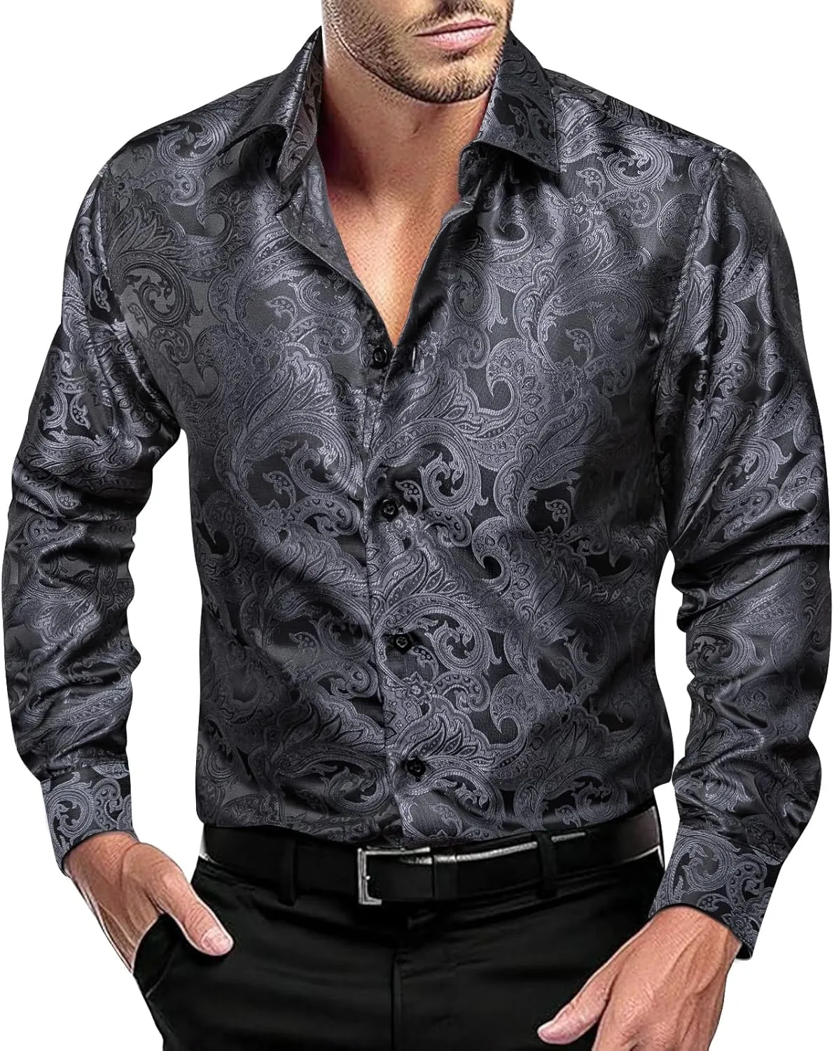 Dubulle Solid Mens Dress Shirt Satin Long Sleeve Business Casual Button Down Shirt with Pocket for Men