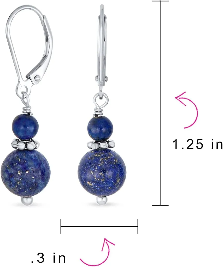 Gemstone Natural Blue Lapis Lazuli Red Carnelian Green Aventurine Boho Bali Milgrain Edged Beaded Rondel Separator Double Ball Round Drop Dangle Earrings For Women Teen .925 Sterling Silver Lever back