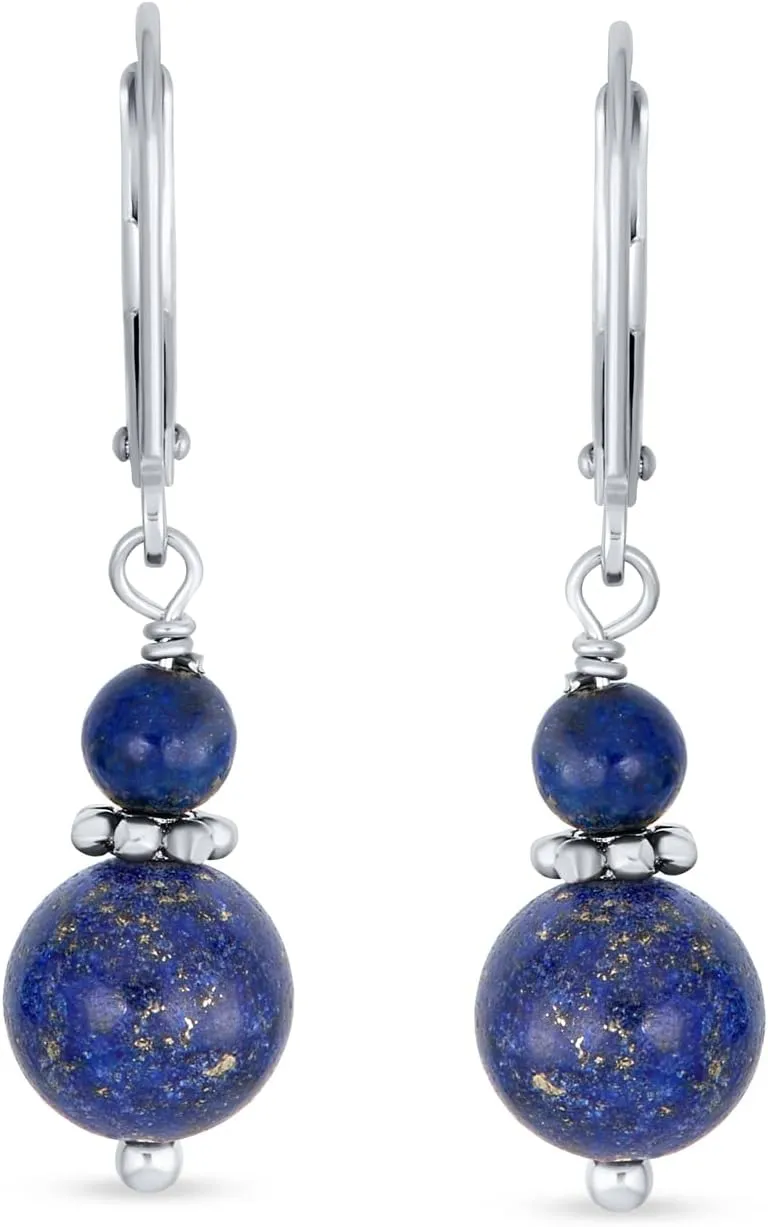 Gemstone Natural Blue Lapis Lazuli Red Carnelian Green Aventurine Boho Bali Milgrain Edged Beaded Rondel Separator Double Ball Round Drop Dangle Earrings For Women Teen .925 Sterling Silver Lever back