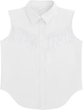 Girls Fringe Shirt Sleeveless Button Down Western Cowgirl Tassel Trim Casual Blouse Shirt Top 4-13Y