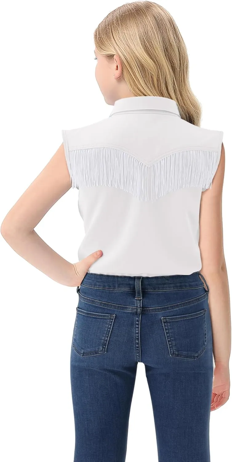 Girls Fringe Shirt Sleeveless Button Down Western Cowgirl Tassel Trim Casual Blouse Shirt Top 4-13Y