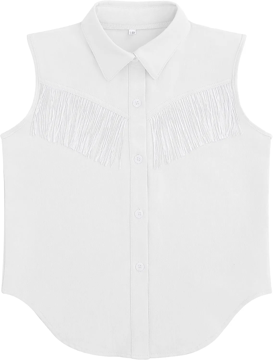 Girls Fringe Shirt Sleeveless Button Down Western Cowgirl Tassel Trim Casual Blouse Shirt Top 4-13Y