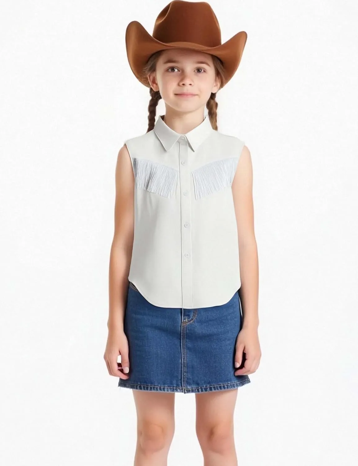 Girls Fringe Shirt Sleeveless Button Down Western Cowgirl Tassel Trim Casual Blouse Shirt Top 4-13Y