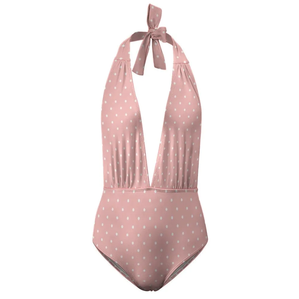 Halter Swimsuit, Sexy Swimsuit, Pink Polka Dot Swimsuit, One Piece swimsuit, Pink Swimsuit, Polka Dot Swimsuit, Women's Swimsuit