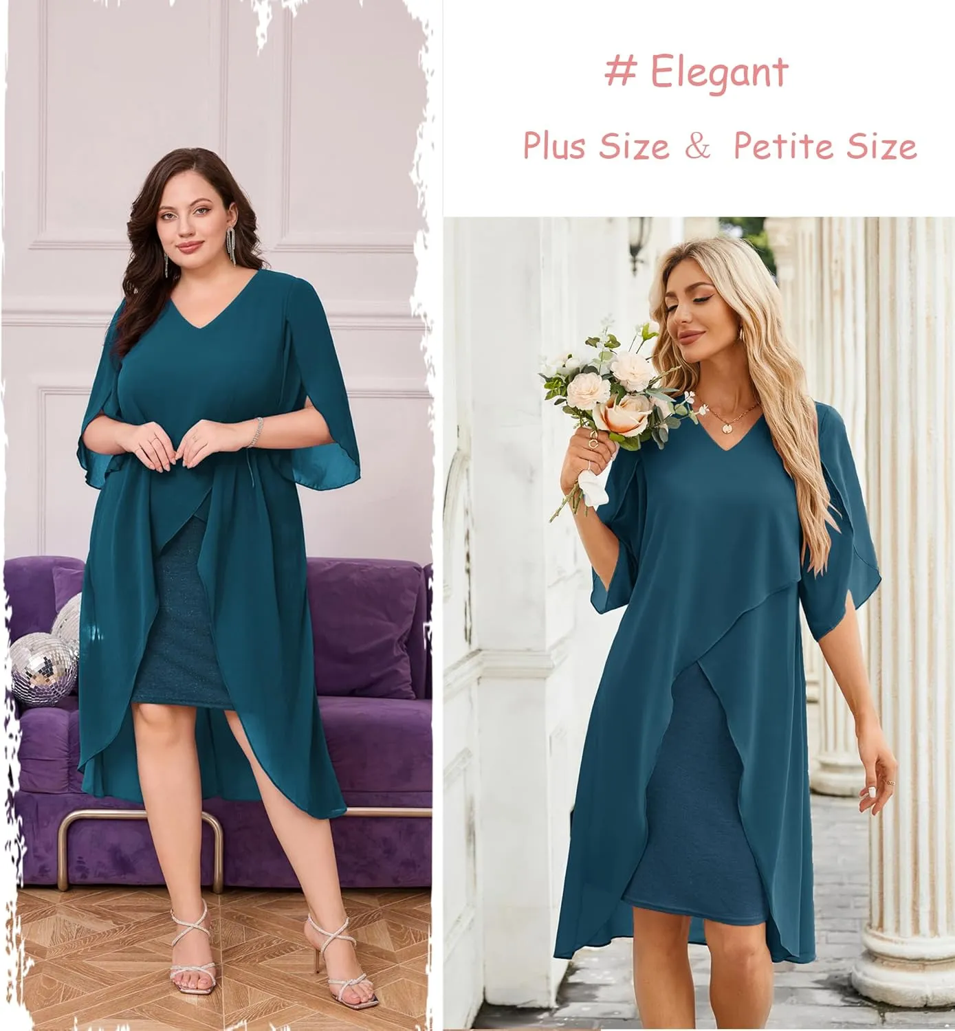 Hanna Nikole Womens Plus Size Chiffon Cocktail Dress Ruffle 3/4 Sleeve Wedding Guest Party Dresses with High Low Hem