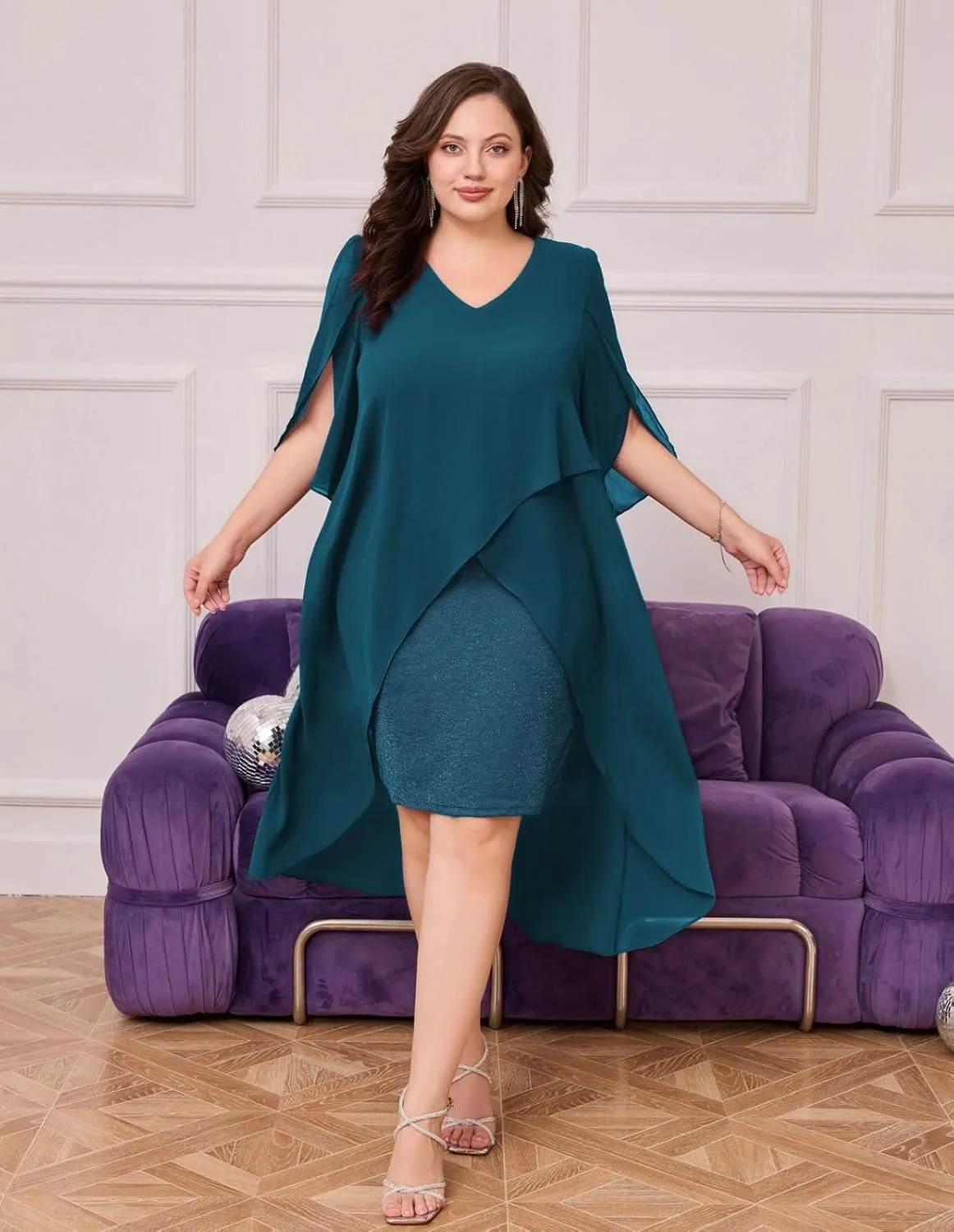 Hanna Nikole Womens Plus Size Chiffon Cocktail Dress Ruffle 3/4 Sleeve Wedding Guest Party Dresses with High Low Hem