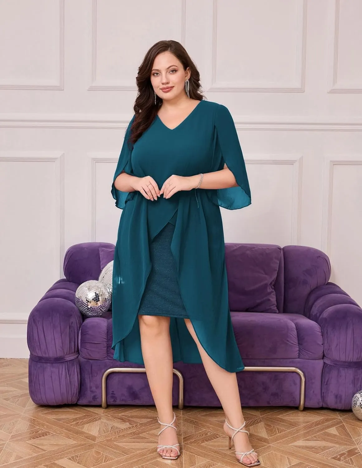 Hanna Nikole Womens Plus Size Chiffon Cocktail Dress Ruffle 3/4 Sleeve Wedding Guest Party Dresses with High Low Hem