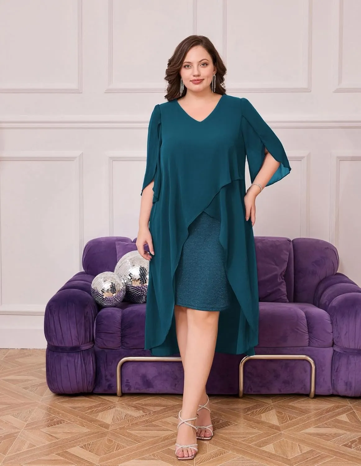 Hanna Nikole Womens Plus Size Chiffon Cocktail Dress Ruffle 3/4 Sleeve Wedding Guest Party Dresses with High Low Hem