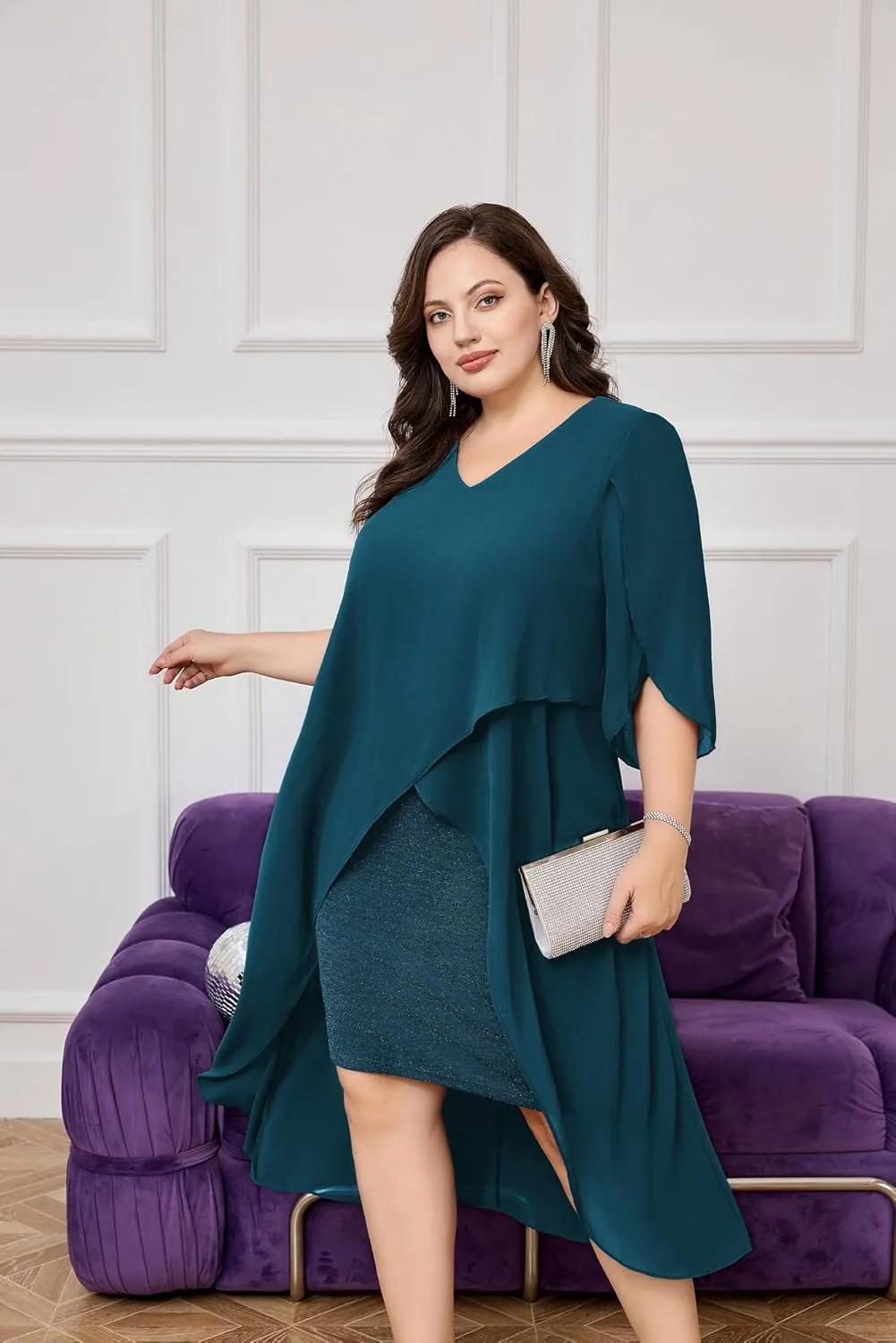 Hanna Nikole Womens Plus Size Chiffon Cocktail Dress Ruffle 3/4 Sleeve Wedding Guest Party Dresses with High Low Hem