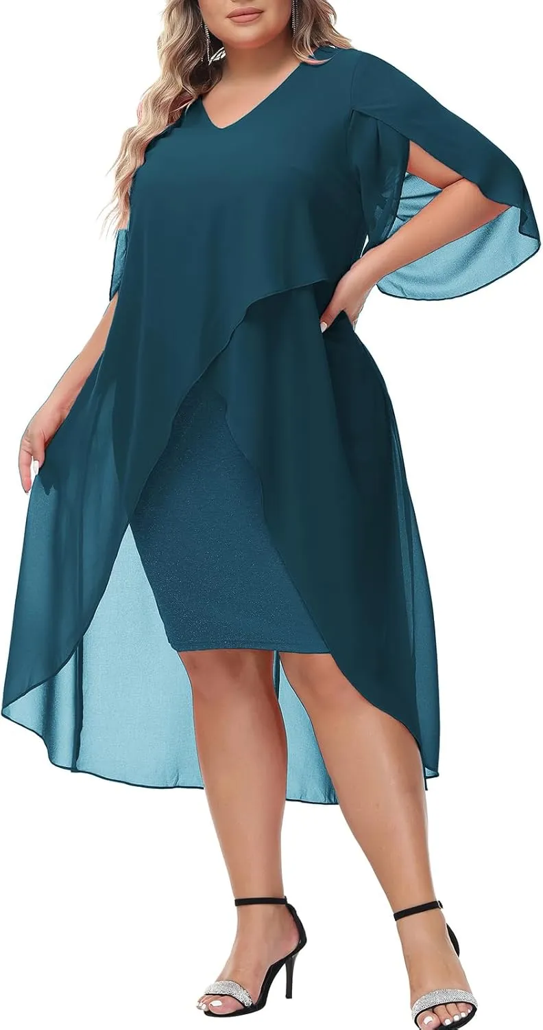 Hanna Nikole Womens Plus Size Chiffon Cocktail Dress Ruffle 3/4 Sleeve Wedding Guest Party Dresses with High Low Hem
