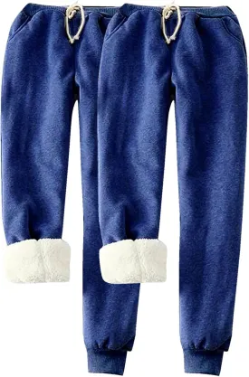 HGps8w Women's Sherpa Lined Sweatpants Pack of 2 - Winter Warm Fleece Joggers Elastic Waist Comfy Lounge Pants with Pockets