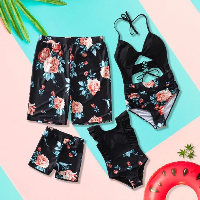 Matching Family Swimsuit One Piece Floral Cutout Flower Halter Ruffle Swimwear