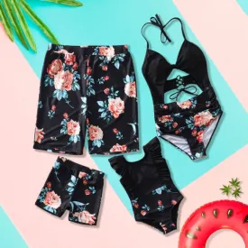 Matching Family Swimsuit One Piece Floral Cutout Flower Halter Ruffle Swimwear