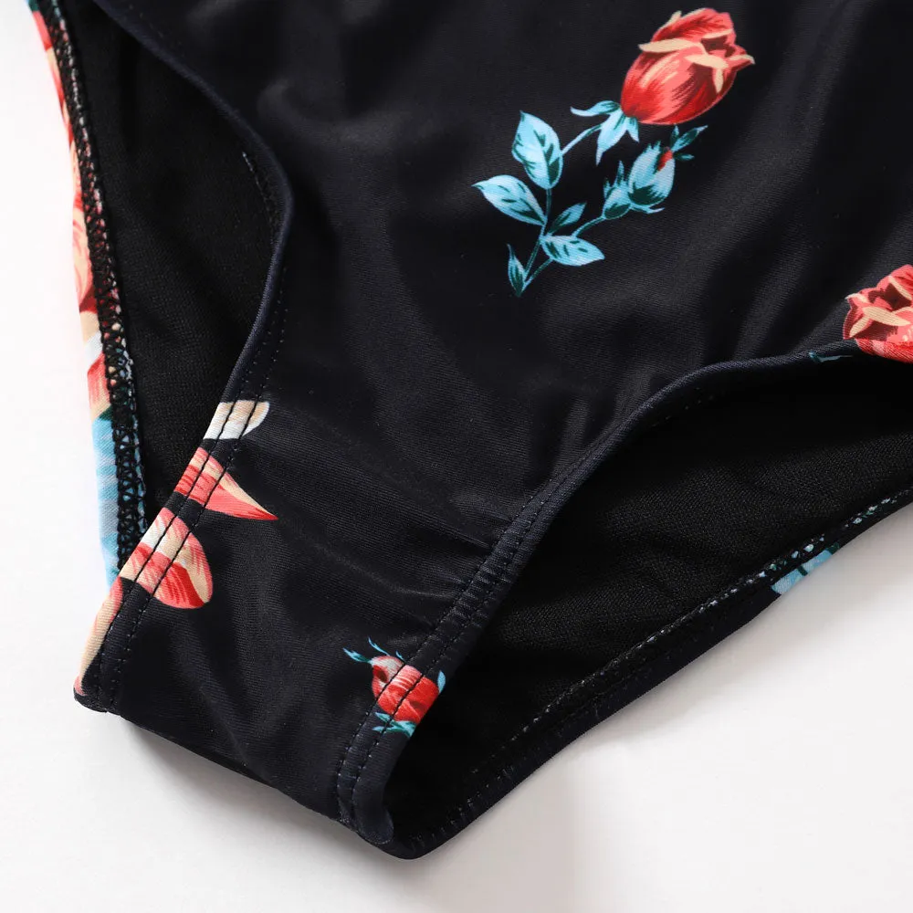 Matching Family Swimsuit One Piece Floral Cutout Flower Halter Ruffle Swimwear