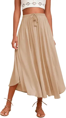 Maxi Skirts for Women Trendy Tie Knot Elastic High Waisted Boho Long Skirts Casual Flowy Swing Beach Skirt with Pockets
